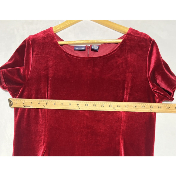 Hillared & Hanson Velvet Midi Shift Dress 12 Red Short Sleeve Holiday Tie Back - Picture 6 of 9